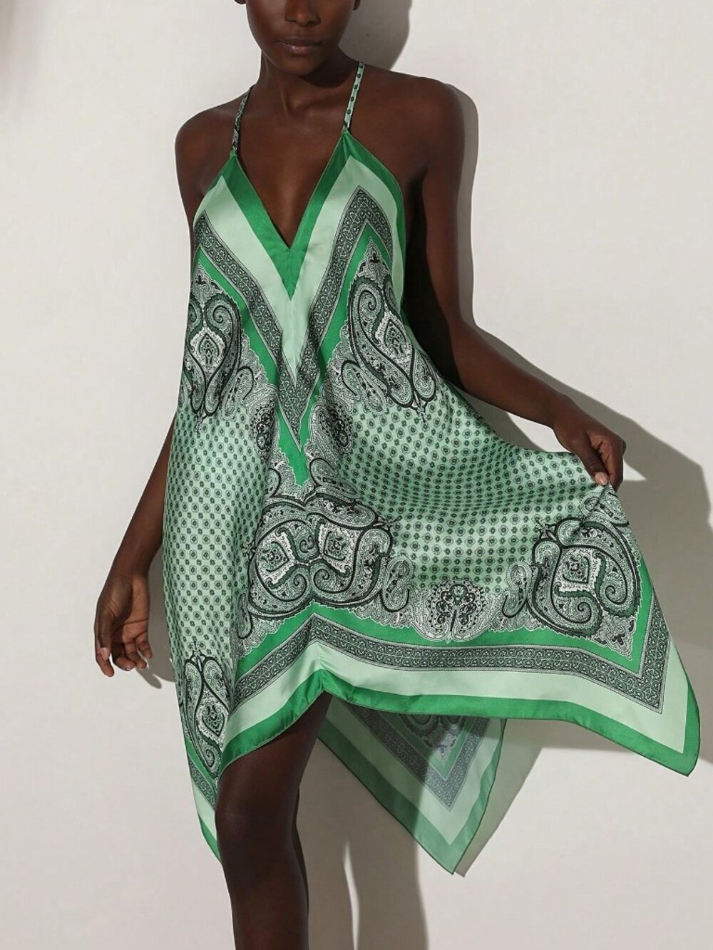 Green Boho Women's Paisley Print Handkerchief bandana Hem Slip Dress